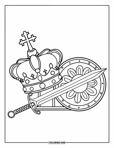 Coloriage de couronne pour enfants : Une couronne avec une croix et une sphère repose près d'une épée et d'un bouclier à motifs