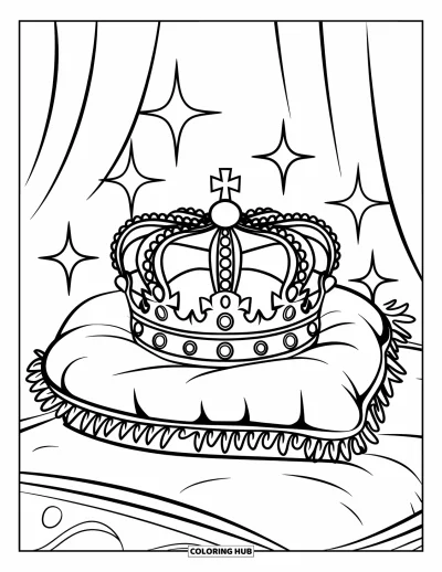 Coloriage de couronne pour enfants : Une couronne ornée de gemmes repose sur un coussin de velours entouré d'étincelles