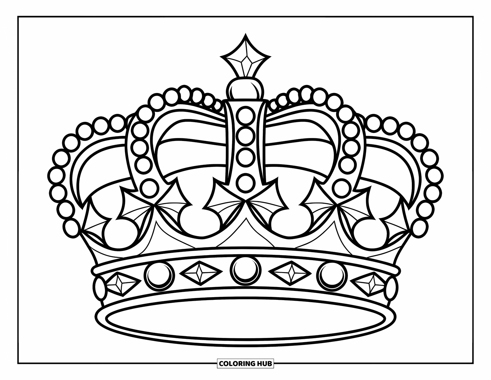 Crown Coloring Page for Kids: A crown with pointed arches, round gems, and sparkles all around