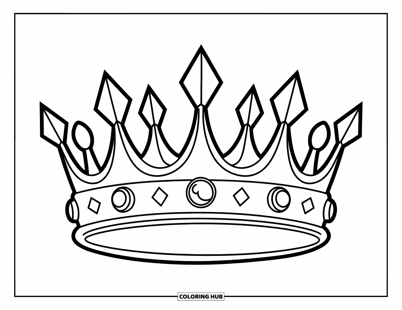 Crown Coloring Page for Kids: A crown with pointed spikes and round jewels placed neatly on a plain surface