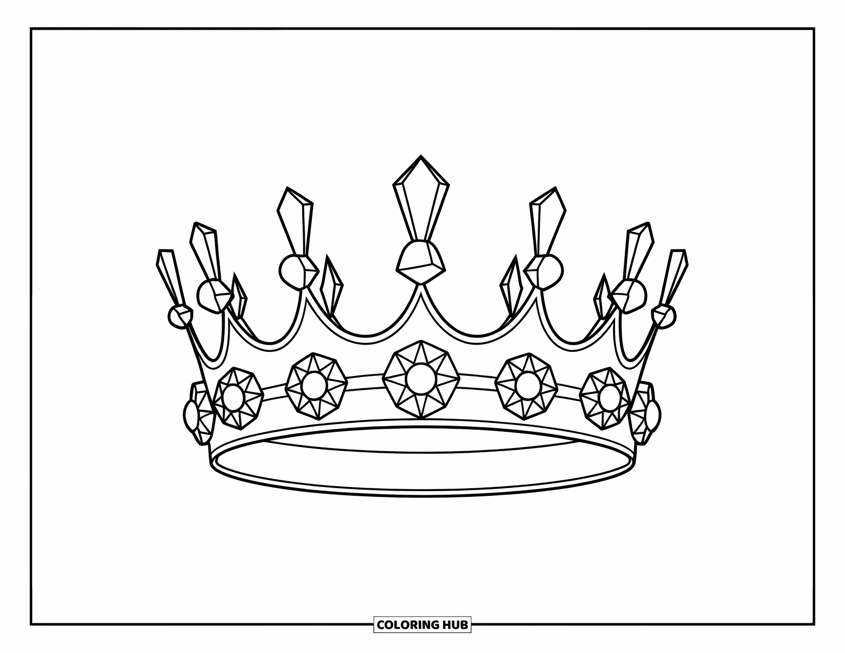 Crown Coloring Page for Kids: A crown with sharp spikes and geometric flowers arranged in a circle