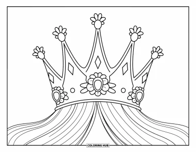 Coloriage de couronne pour enfants : Une couronne aux pointes hautes et basses posée sur un personnage aux longs cheveux ondoyants