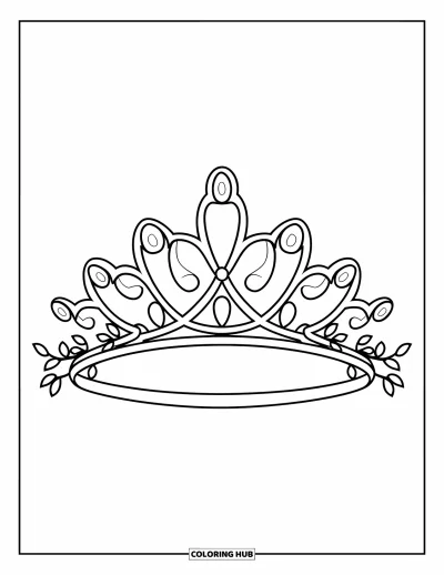 Coloriage de couronne pour enfants : Un diadème courbé avec des pierres précieuses et des vignes, dessiné dans un style net et audacieux