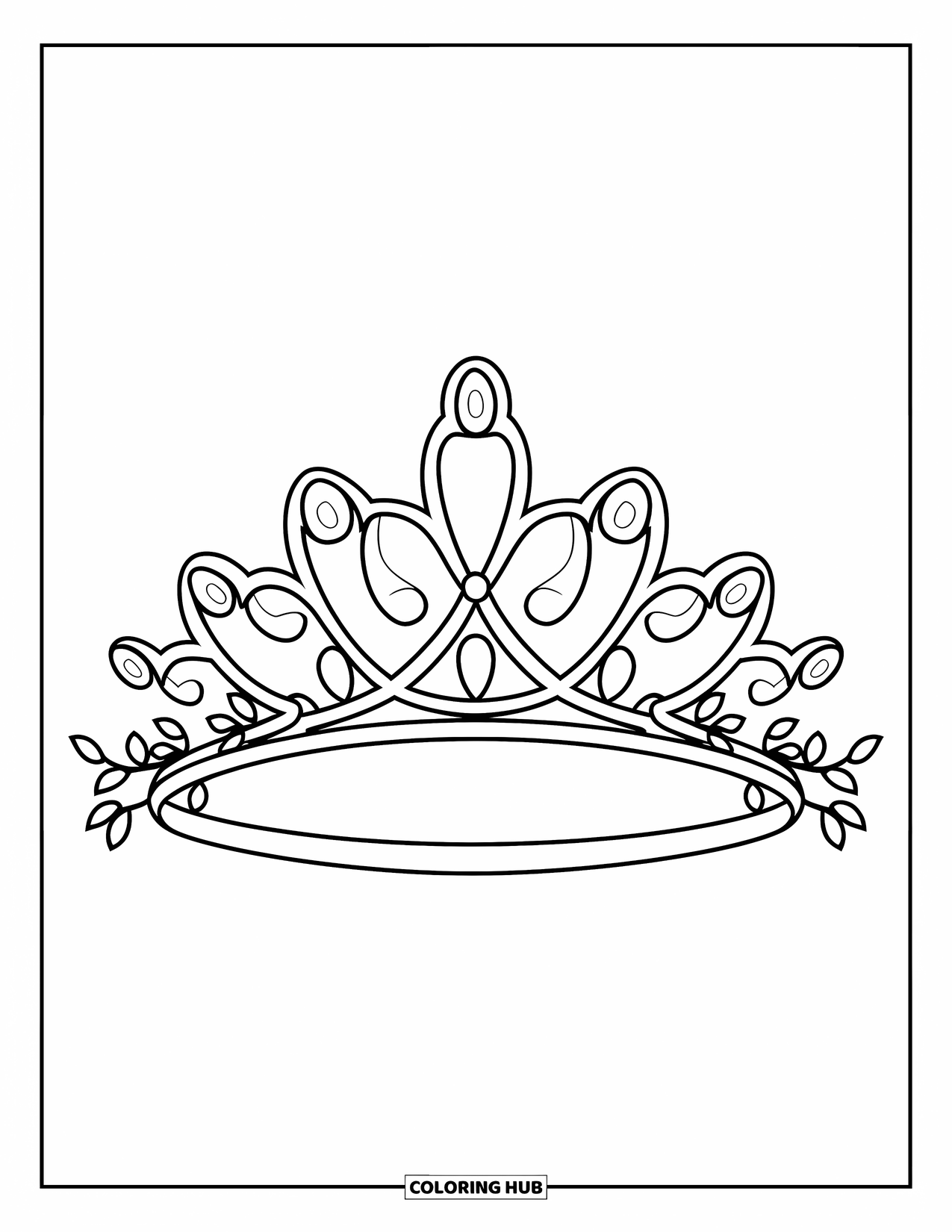 Crown Coloring Page for Kids: A curved tiara with gemstones and vines, drawn in a clean and bold style