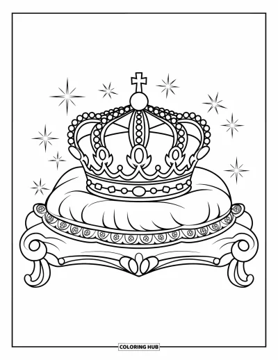 Coloriage de couronne pour enfants : Une couronne détaillée repose sur un coussin de velours entouré d'étincelles scintillantes