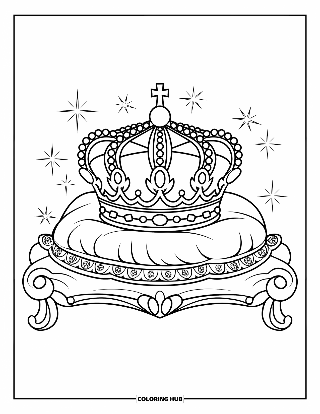 Crown Coloring Page for Kids: A detailed crown rests on a velvet pillow surrounded by twinkling sparkles