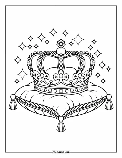 Coloriage de couronne pour enfants : Une couronne ornée de joyaux avec de nombreuses pointes repose sur un coussin aux bords feuillus
