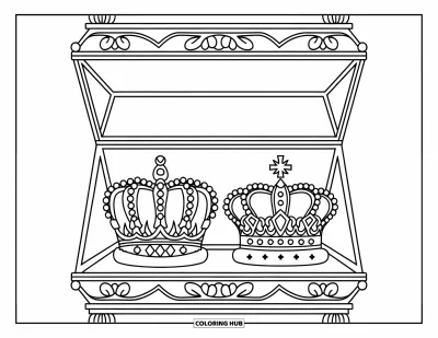 Coloriage de couronne pour enfants : Une vitrine à couvercle de verre contient deux belles couronnes aux décorations étincelantes
