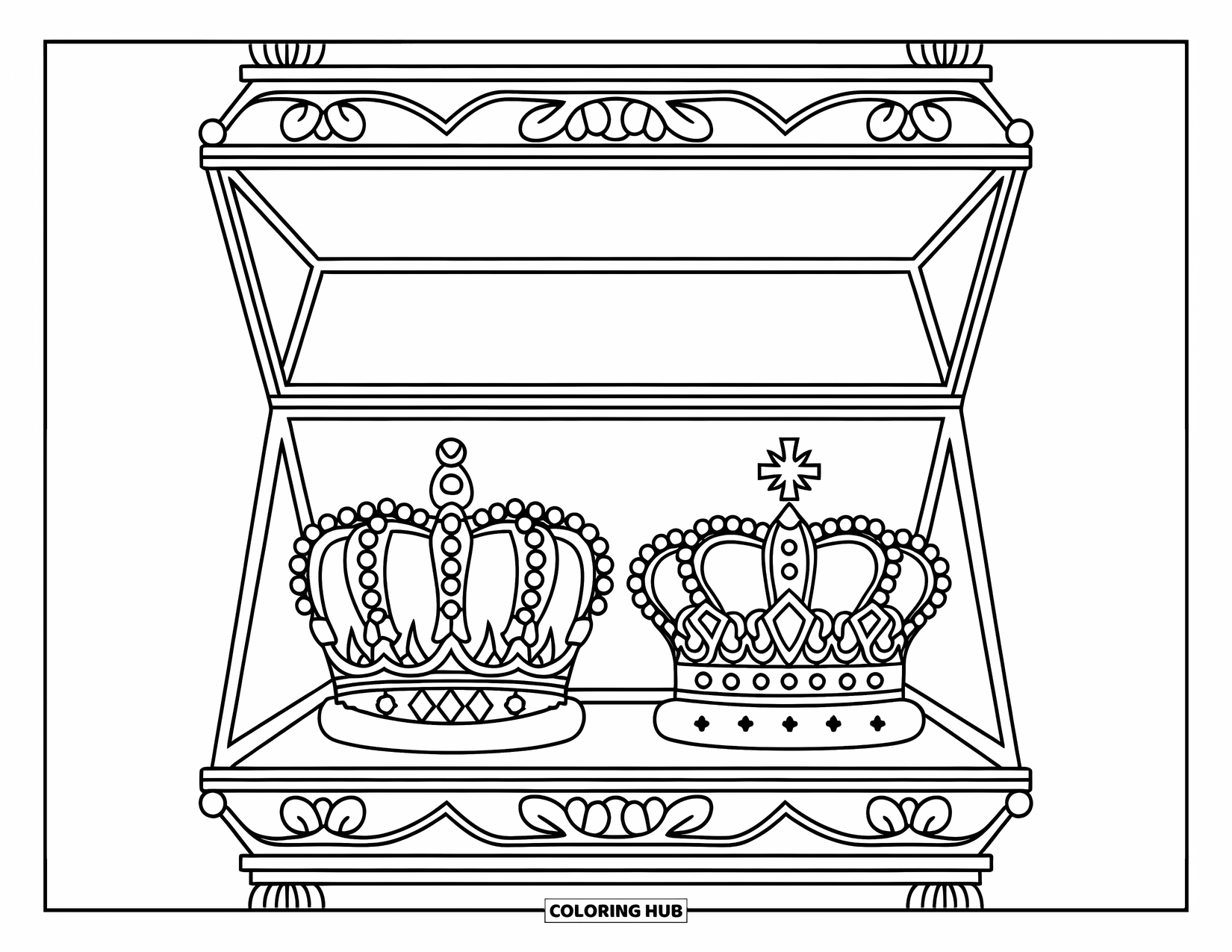 Crown Coloring Page for Kids: A glass-top case holds two fancy crowns with sparkling decorations