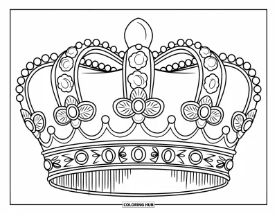 Coloriage de couronne pour enfants : Une couronne à dôme élevé avec des fleurs détaillées et des motifs de joyaux scintillants