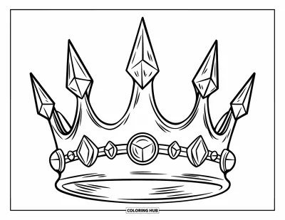 Coloriage de couronne pour enfants : Une couronne incrustée de pierres précieuses posée sur un personnage aux longs cheveux et à la tenue élégante