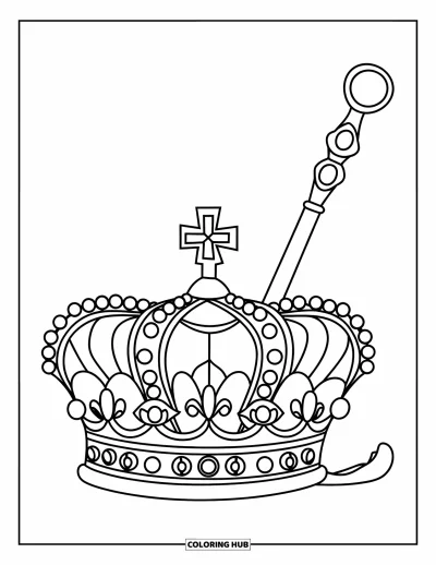 Coloriage de couronne pour enfants : Une couronne de cérémonie ornée de joyaux et un sceptre posés côte à côte