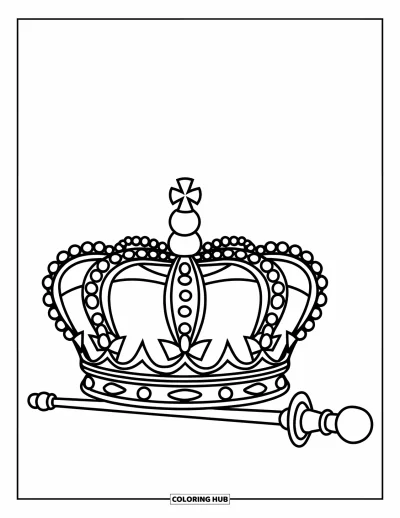 Coloriage de couronne pour enfants : Une couronne ornée de joyaux et un sceptre assorti reposent ensemble sur un socle simple
