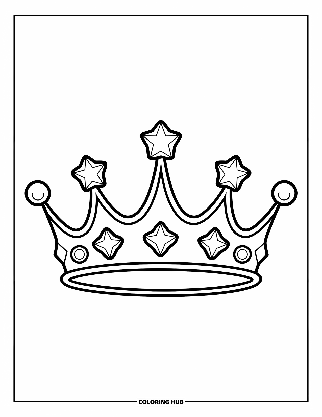 Crown Coloring Page for Kids: A princess crown with star gems and bold outlines for little artists