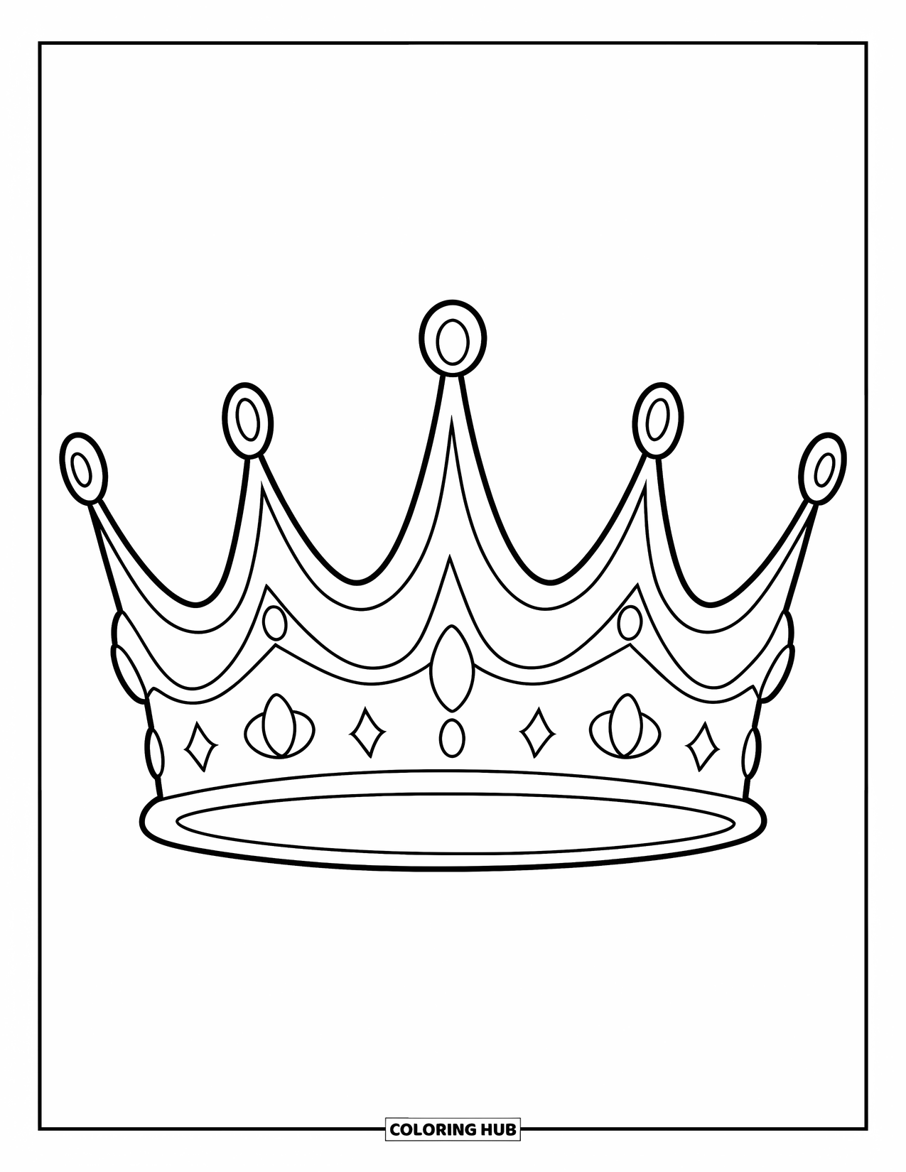 Crown Coloring Page for Kids: A queen's crown with five arches and elegant teardrop-shaped jewels