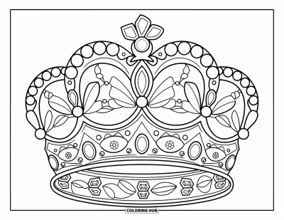 Coloriage de couronne pour enfants : Une couronne ronde décorée de feuilles, de fleurs et de gemmes étincelantes
