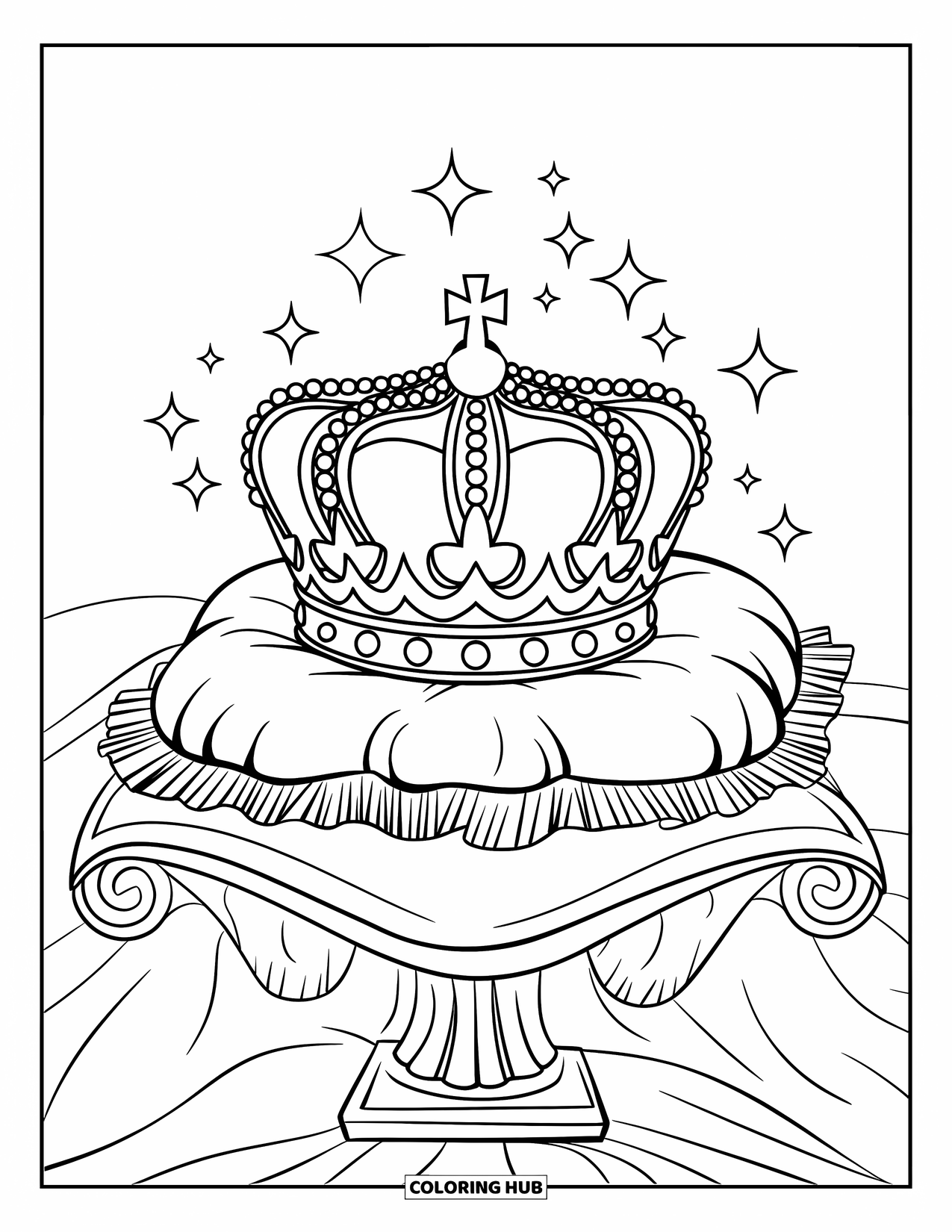 Crown Coloring Page for Kids: A sparkling crown sits on a velvet pillow atop a pedestal