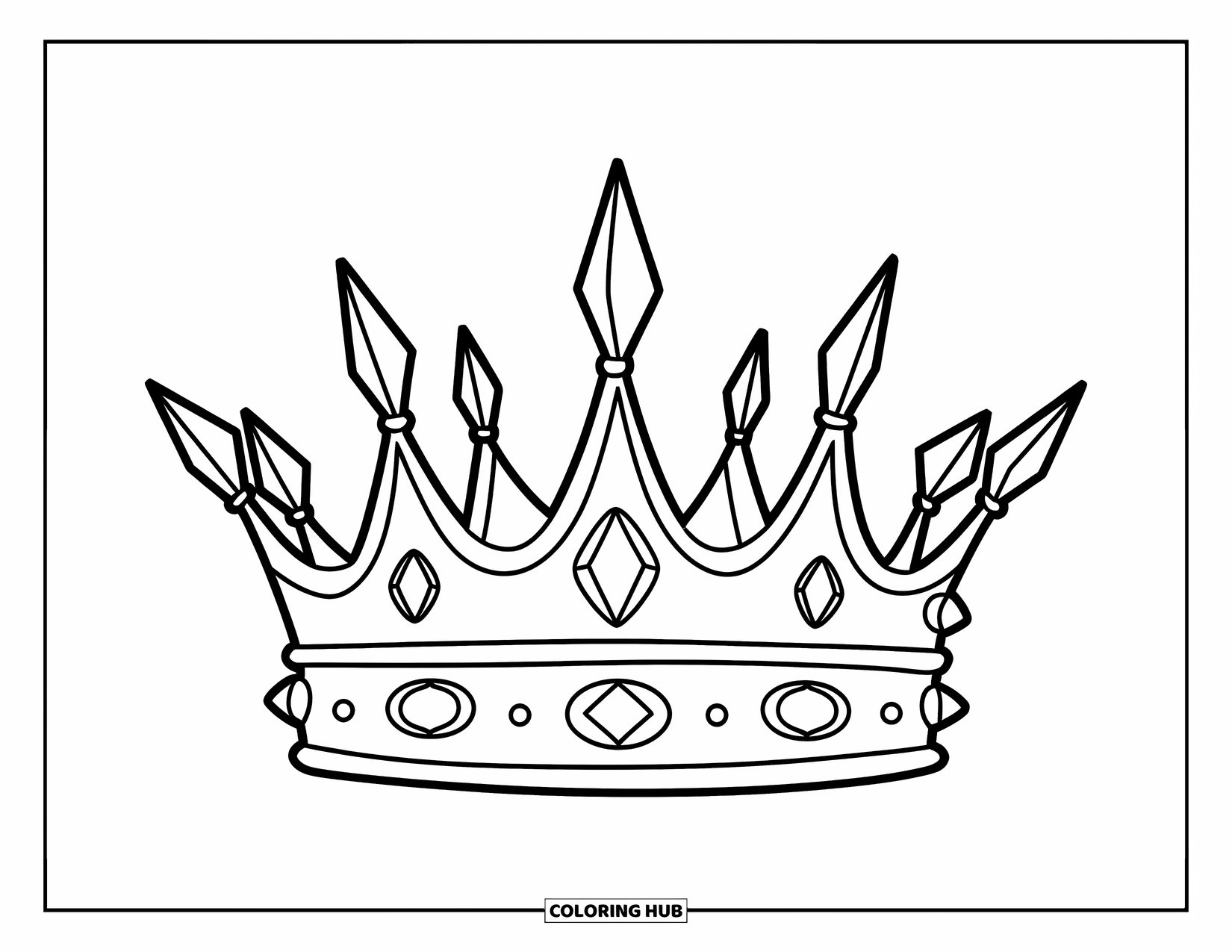 Crown Coloring Page for Kids: A spiked crown with mixed tips and shining jewel details