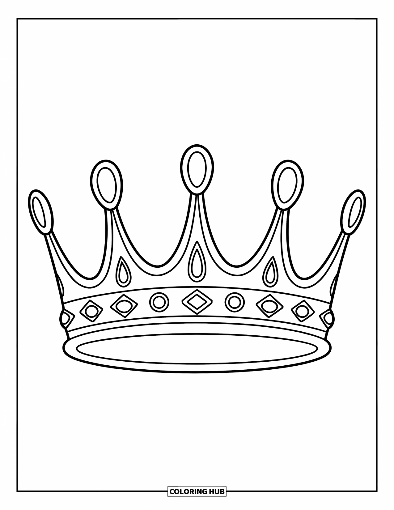 Crown Coloring Page for Kids: A stylish queen's crown with gentle arches and sparkling teardrop gems
