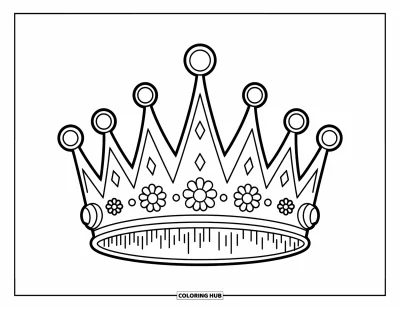Coloriage de couronne pour enfants : Une couronne originale aux pointes marquées et aux détails floraux sur fond uni