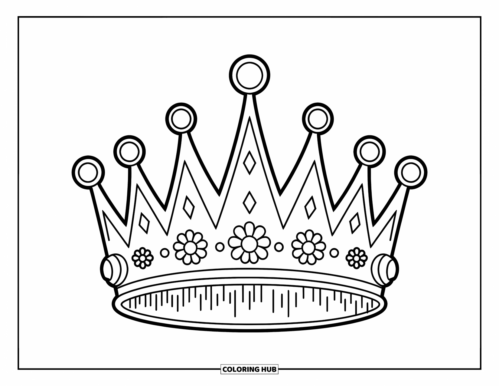 Crown Coloring Page for Kids: A unique crown with bold spikes and floral details sits on a blank background