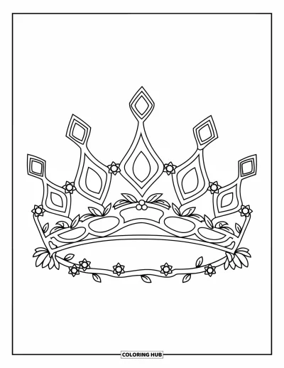 Coloriage de couronne pour enfants : Un diadème orné de vignes avec des formes arrondies, des fleurs et un joyau central bien visible