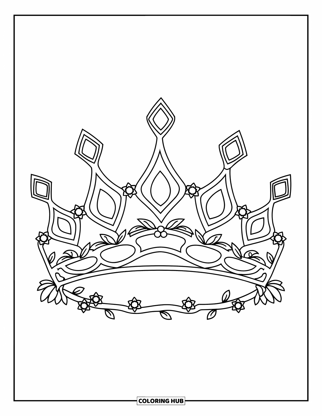 Crown Coloring Page for Kids: A vine-decorated tiara with curved shapes, flowers, and a bold central gem