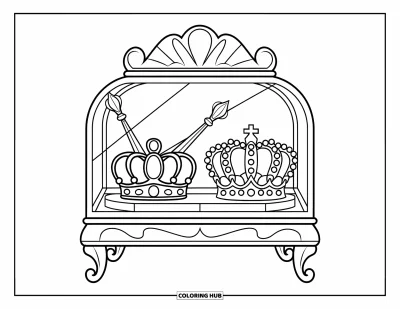 Coloriage de couronne pour enfants : Une vitrine en bois contient deux couronnes serties de joyaux et deux sceptres appuyés contre elle