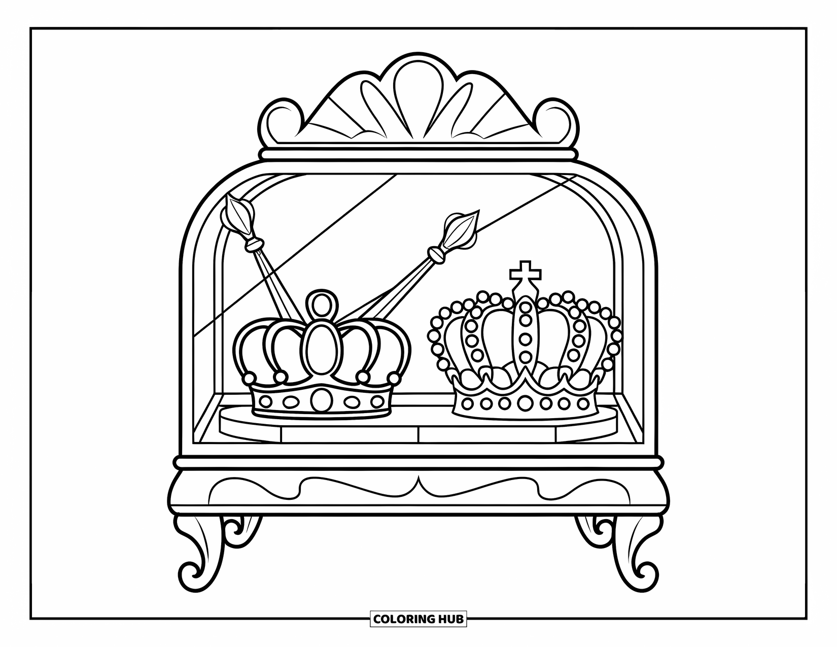 Crown Coloring Page for Kids: A wooden display case holds two jeweled crowns and two leaning scepters