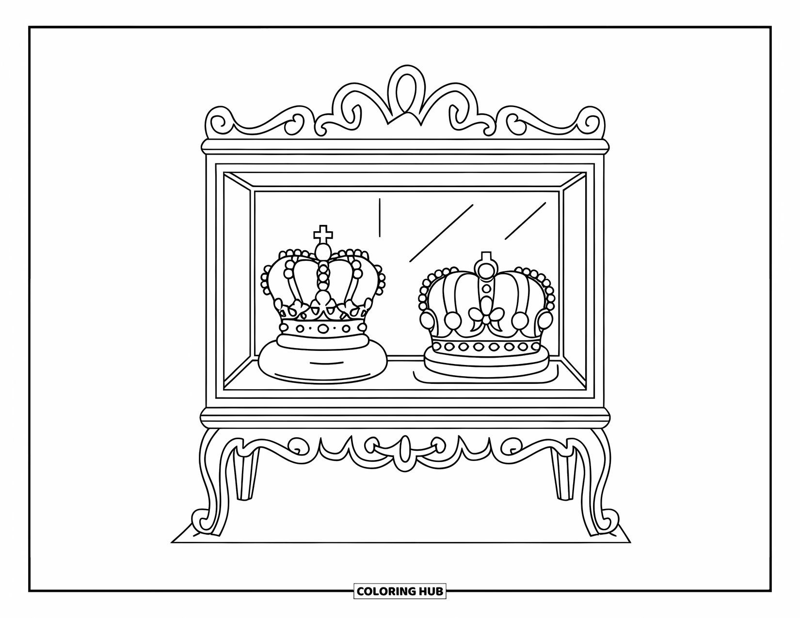 Crown Coloring Page for Kids: Two royal crowns are displayed in a glass case on a wooden stand