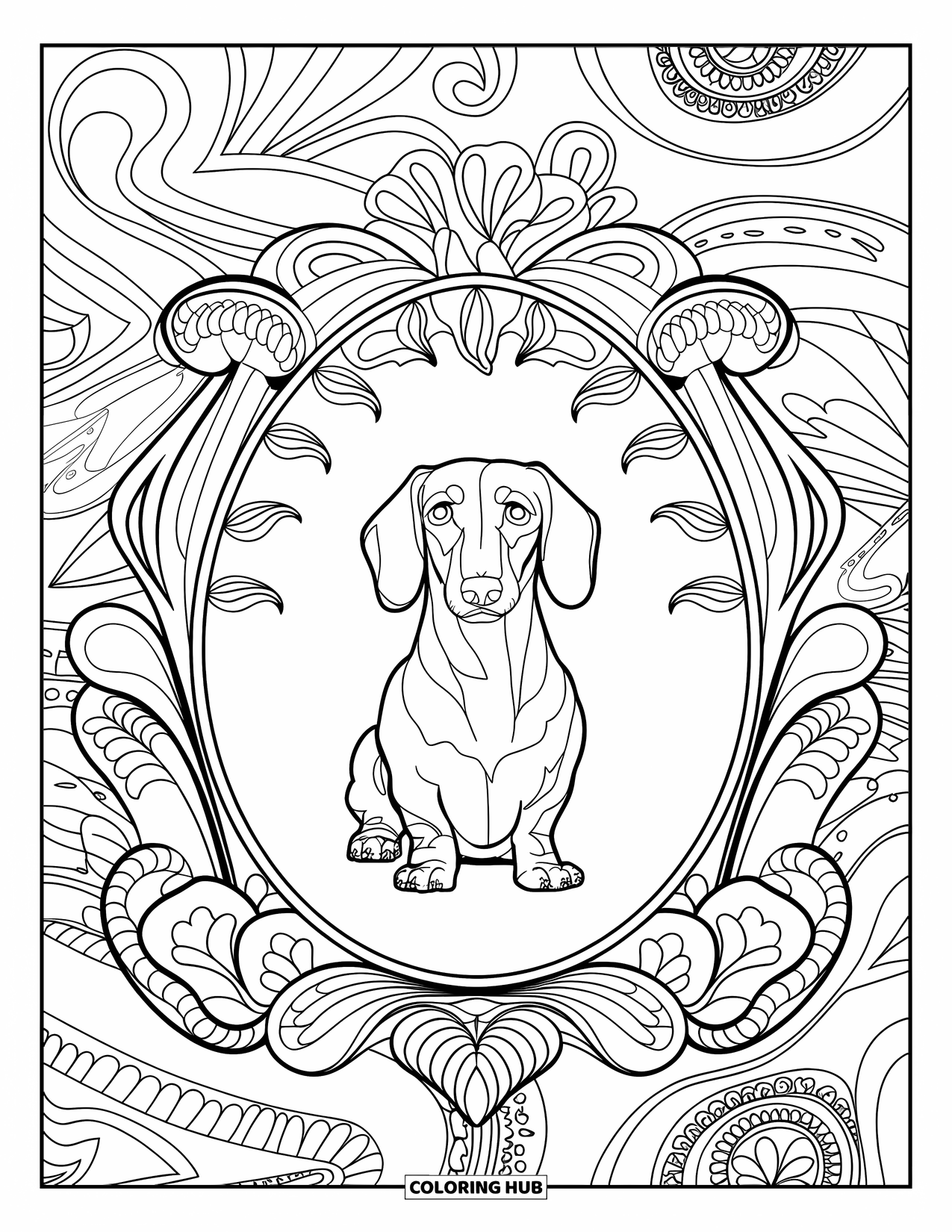 Dachshund Coloring Page for Adults: A dachshund sits inside a swirling paisley frame with soft petals and cozy details