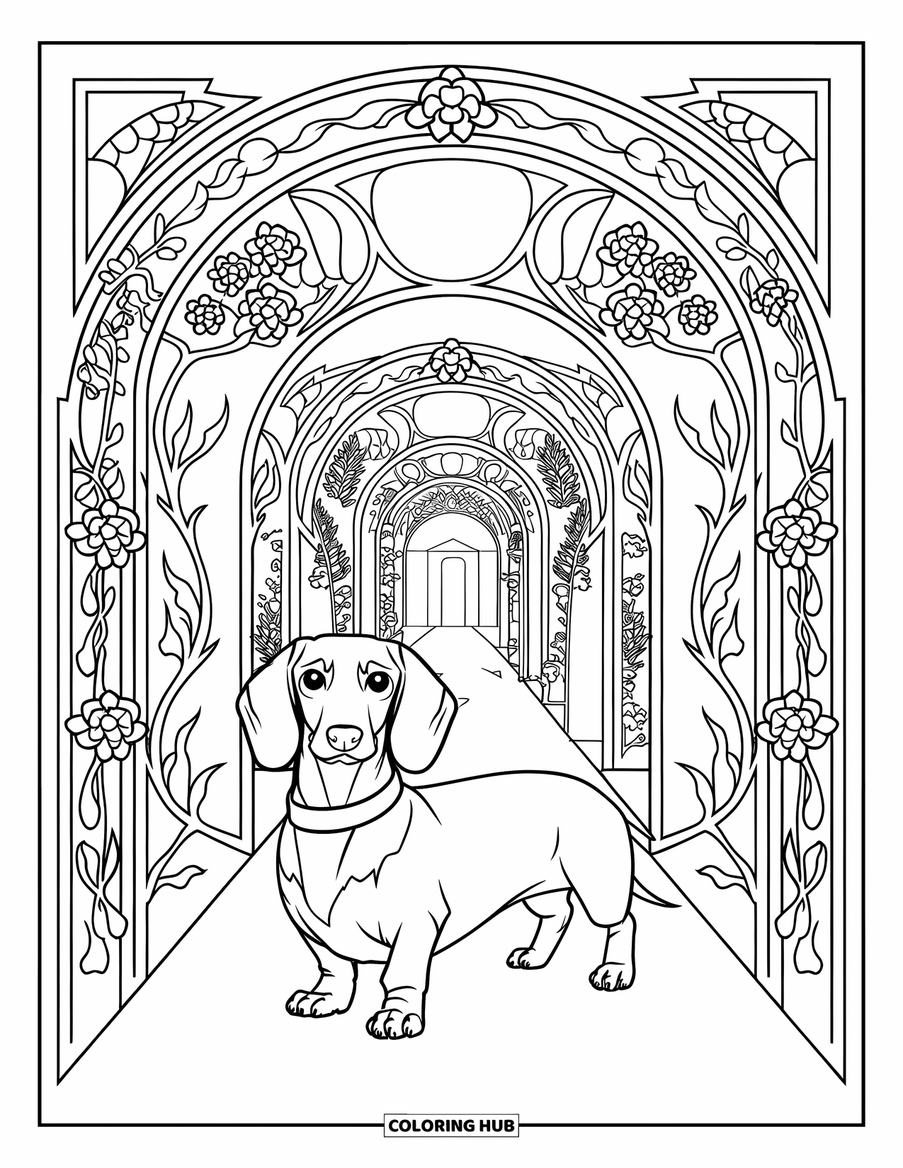 Dachshund Coloring Page for Adults: A dachshund stands on a stone path beneath floral arches leading to a distant view
