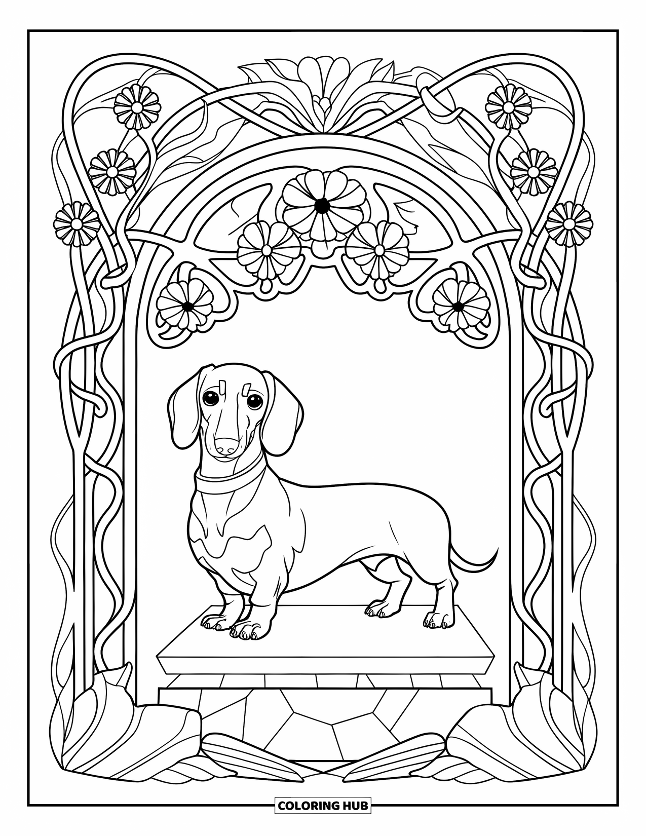 Dachshund Coloring Page for Adults: A dachshund stands on stone beneath a flower-filled botanical arch