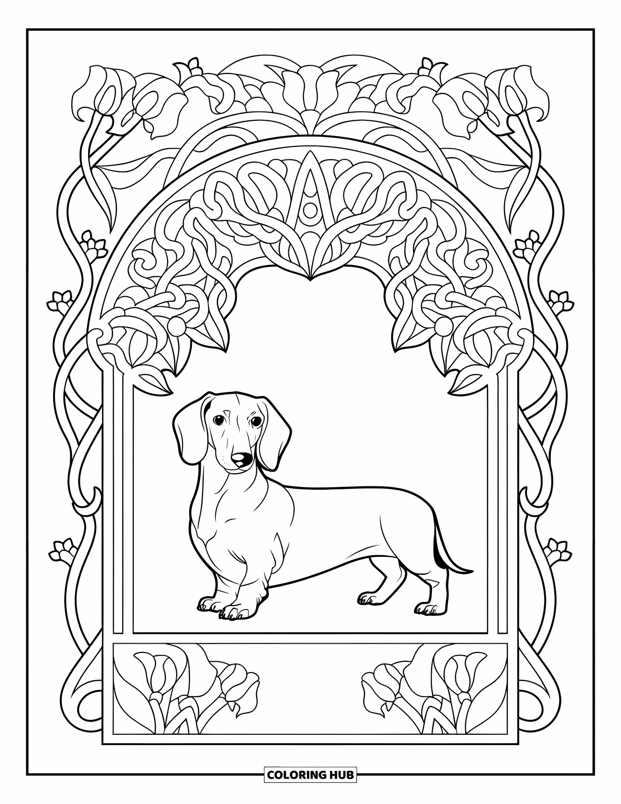 Dachshund Coloring Page for Adults: A dachshund stands proud under a floral arch made of twisting vines