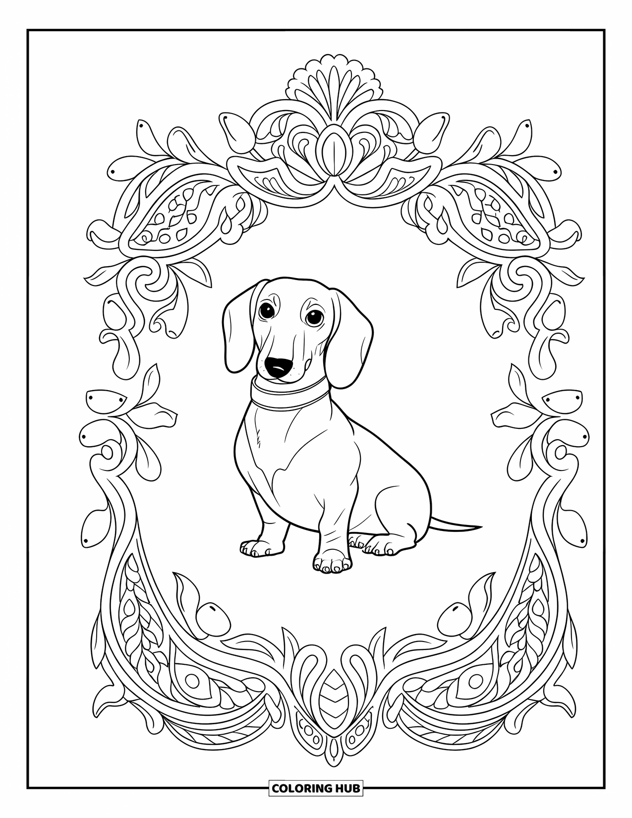 Dachshund Coloring Page for Adults: A dachshund with a collar sits inside a paisley frame filled with soft floral shapes