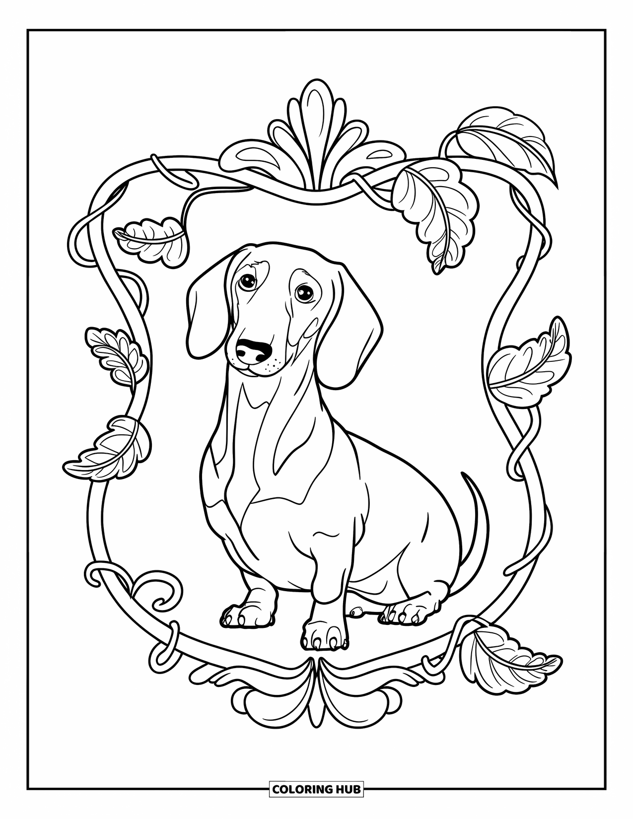 Dachshund Coloring Page for Adults: A dachshund with a tilted head sits inside a clean, leafy frame