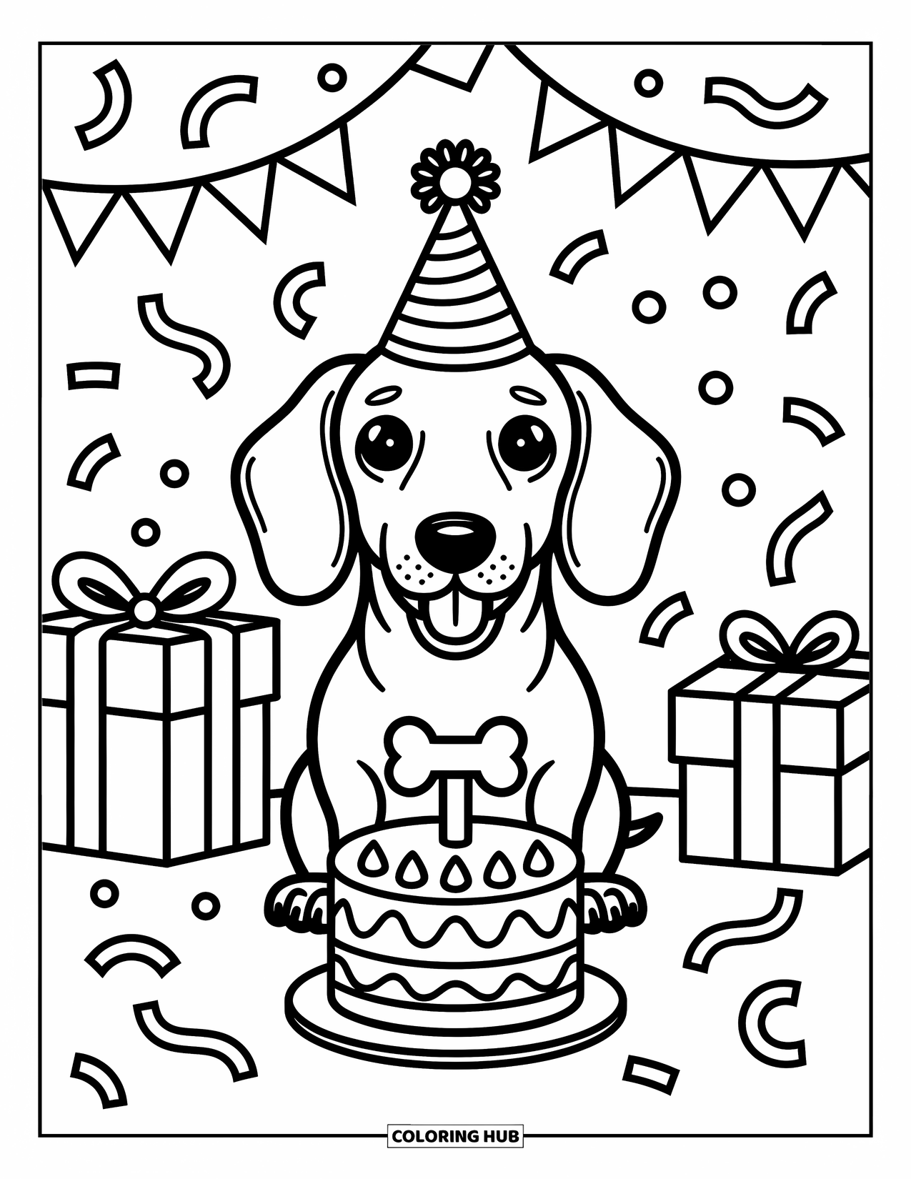 Dachshund Coloring Page for Adults: Bone-shaped topper and balloons surround a cheerful pup's birthday bash
