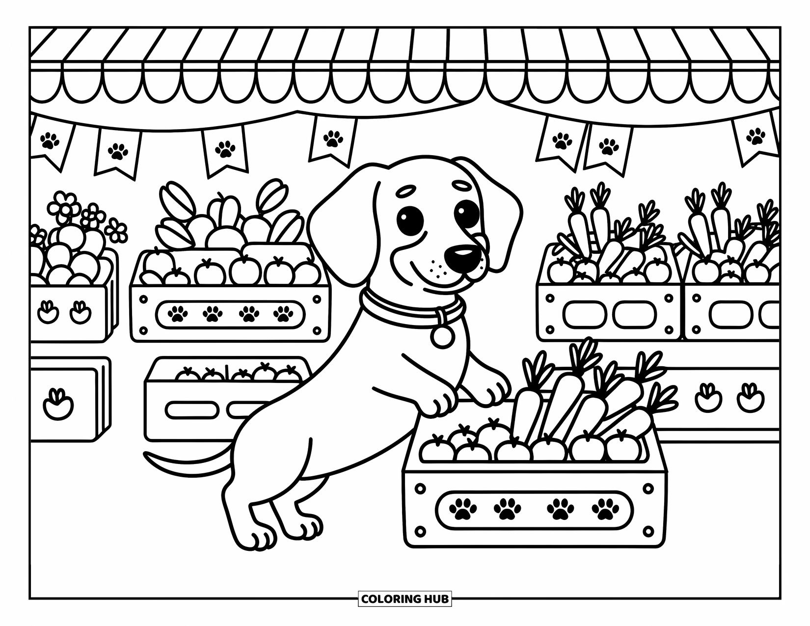 Dachshund Coloring Page for Adults: Curious pup stands at a veggie stand with carrots, apples, and cute market stalls nearby