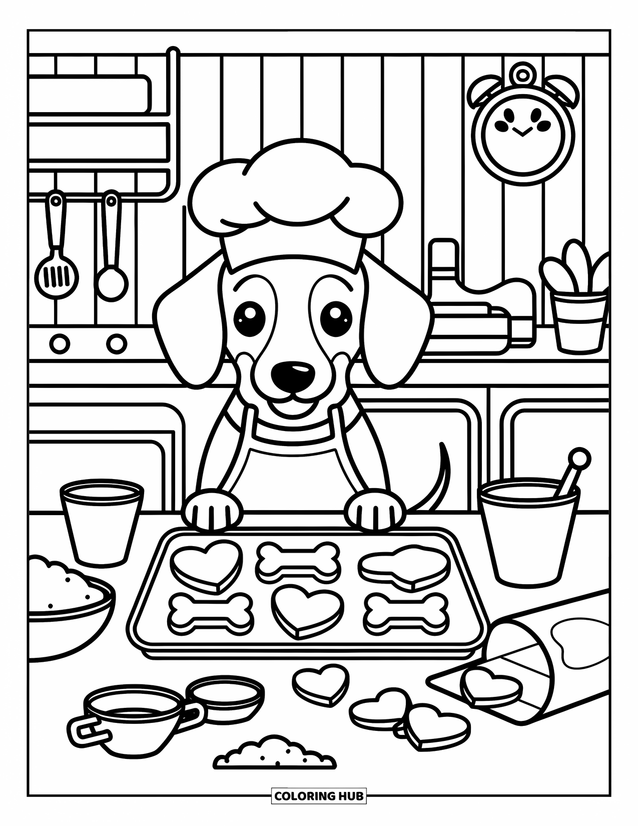 Dachshund Coloring Page for Adults: Dachshund baker with a chef's hat prepares heart and bone cookies in a cute kitchen