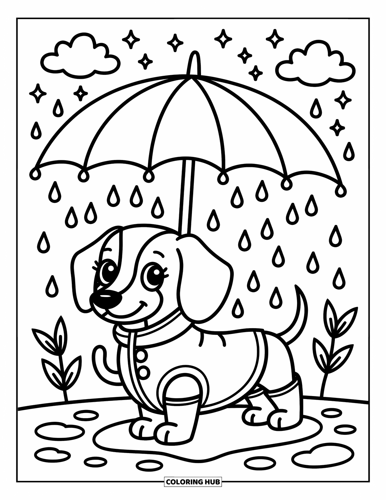 Dachshund Coloring Page for Adults: Dachshund in raincoat and boots splashes near floating leaves and sparkles
