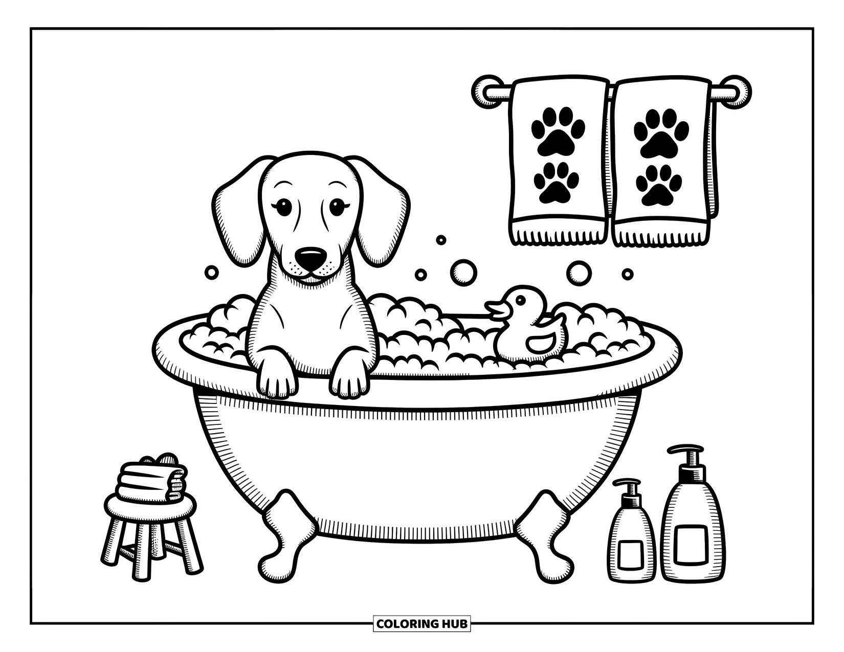 Dachshund Coloring Page for Adults: Dachshund relaxes in a bathtub surrounded by bubbles, duck, and fluffy towels
