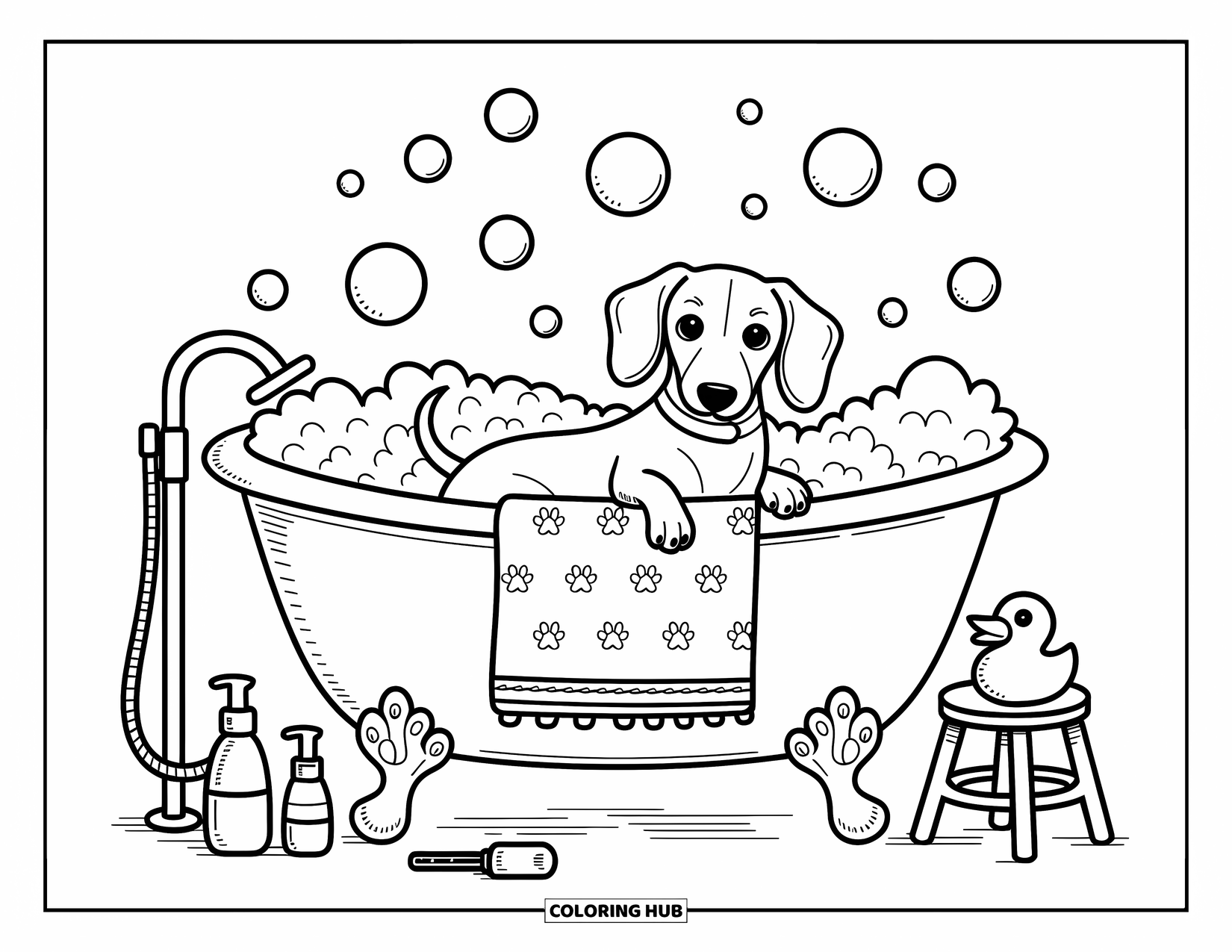Dachshund Coloring Page for Adults: Pup soaks in bubbles with a stool, soap bottles, and floating foam friends