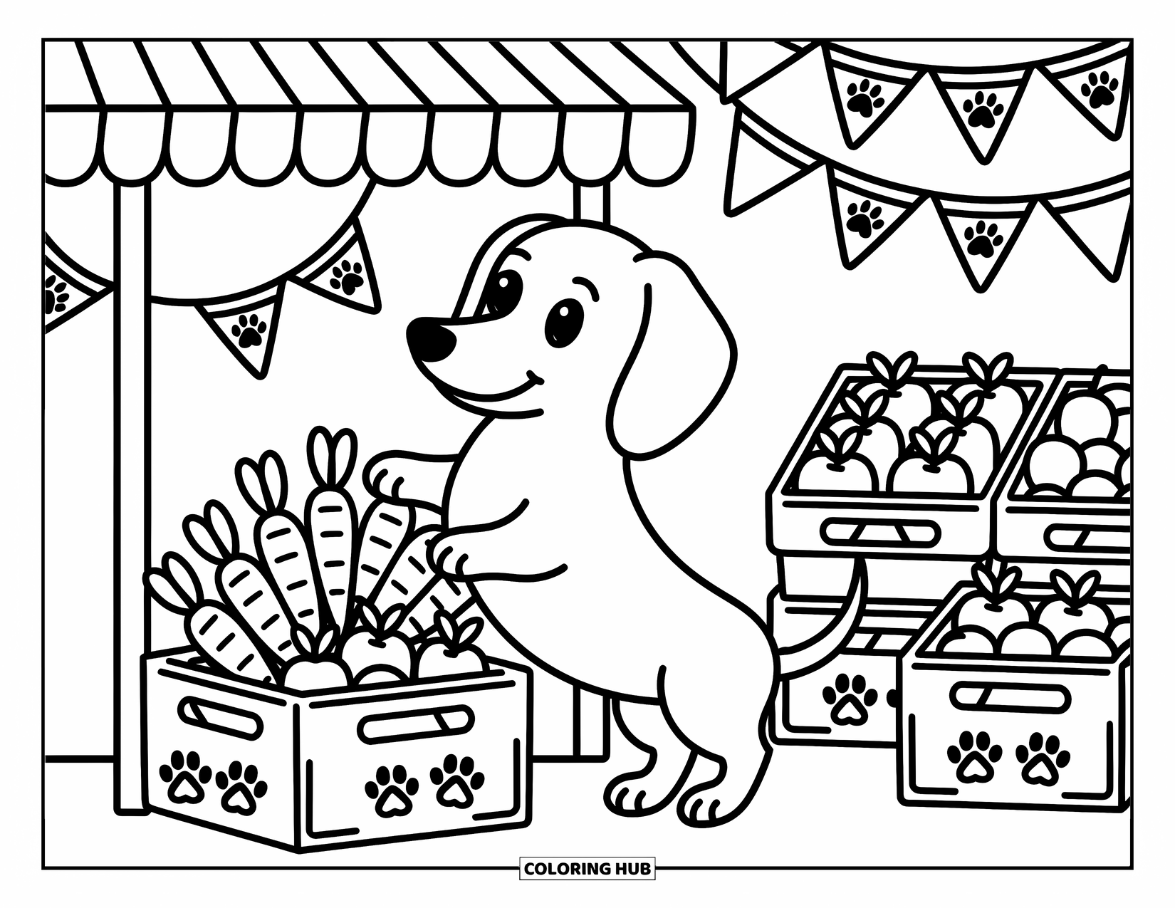 Dachshund Coloring Page for Adults: Puppy paws at a produce stand under a striped awning with tiny fruit flags above