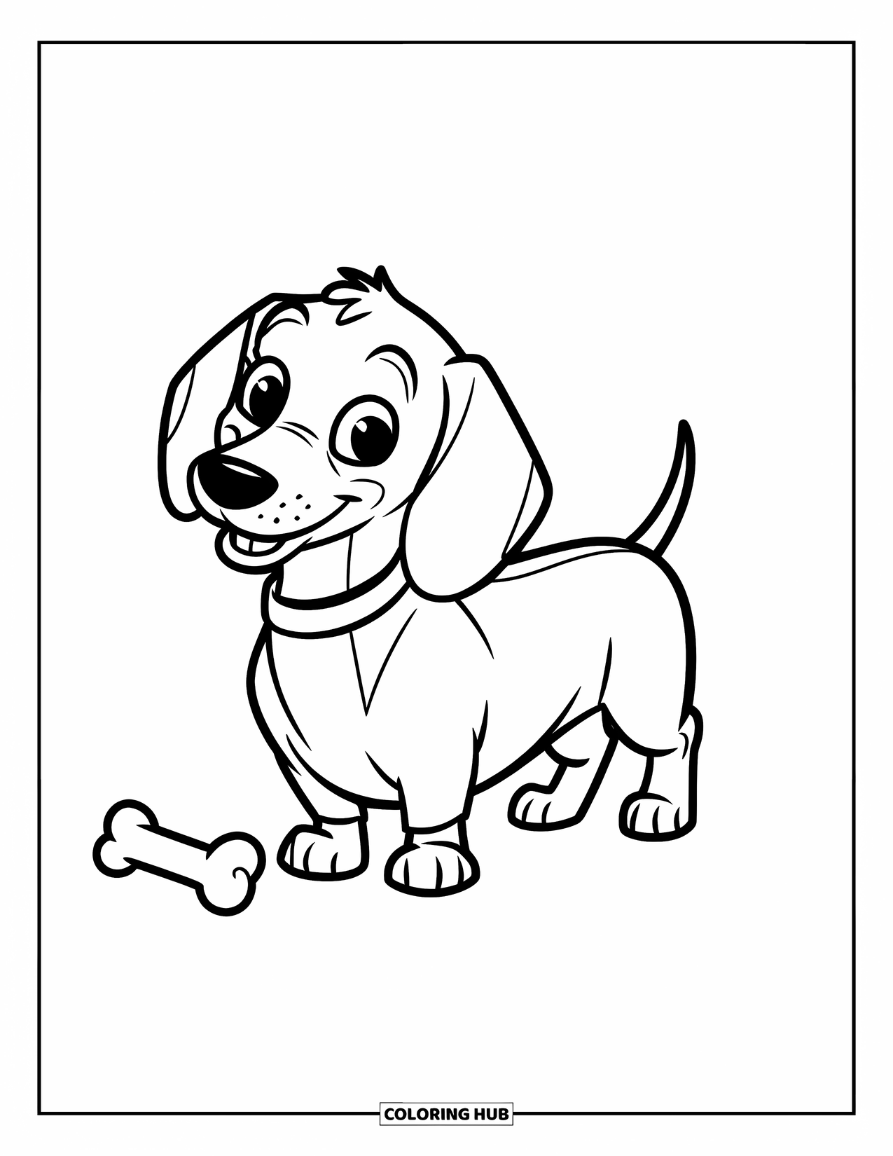 Dachshund Coloring Page for Kids: Cheerful dachshund stands next to a bone on the ground
