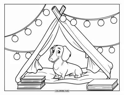 Desen de colorat cu teckel pentru copii: Cățeluș confortabil se odihnește într-un cort din pătură înconjurat de cărți și lumini