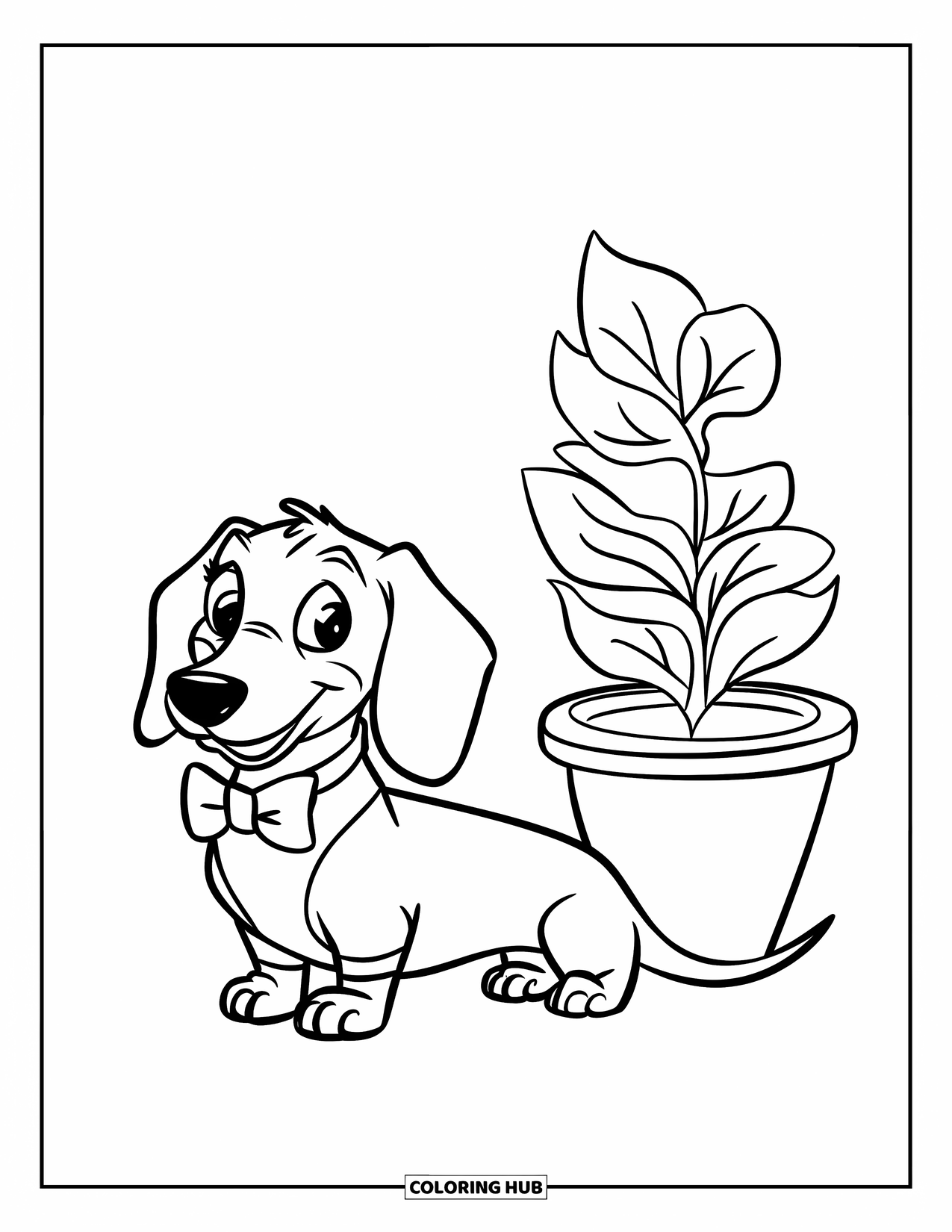Dachshund Coloring Page for Kids: Dachshund in a bowtie sits happily beside a leafy flowerpot