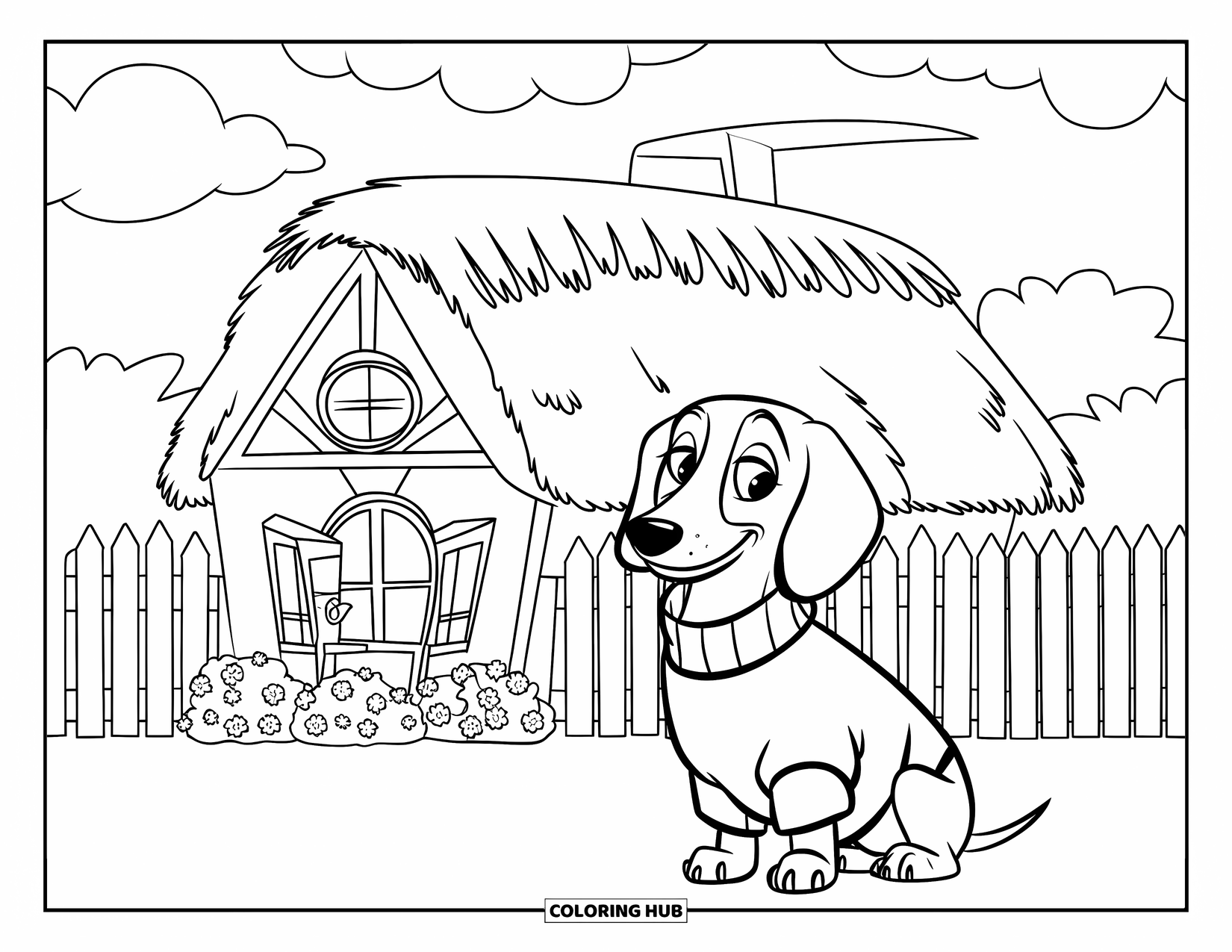 Dachshund Coloring Page for Kids: Dachshund in a sweater sits in front of a cozy cottage