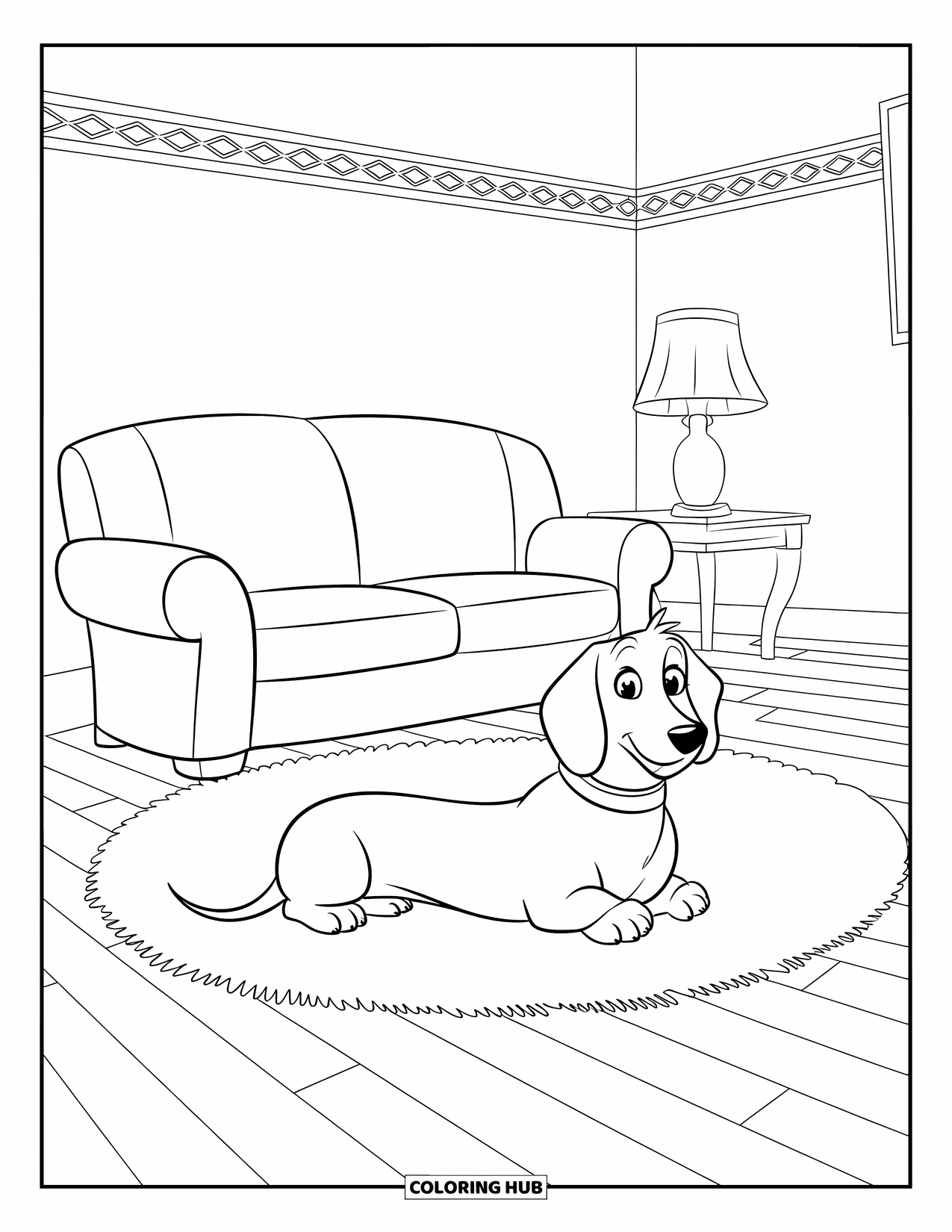 Dachshund Coloring Page for Kids: Dachshund lies on a fluffy rug in a comfy living room