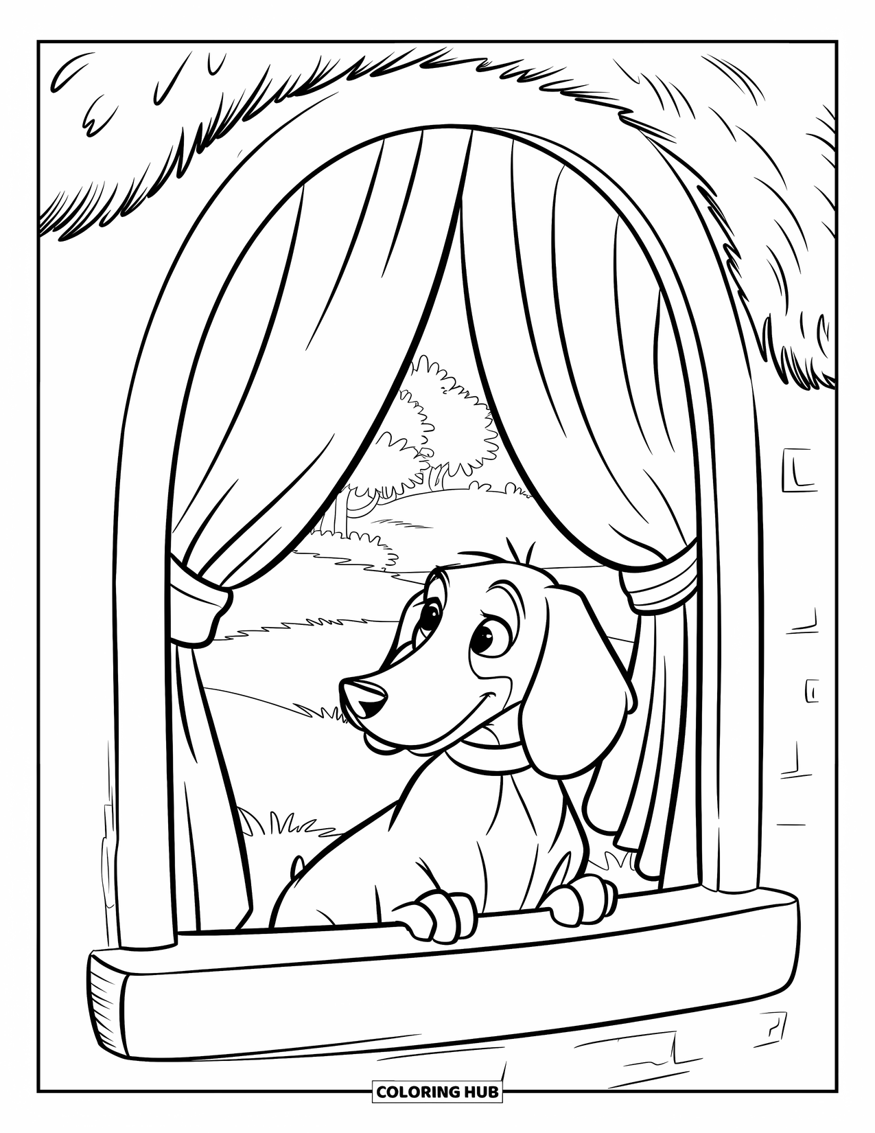 Dachshund Coloring Page for Kids: Dachshund looks out a breezy window at a sunny field and trees