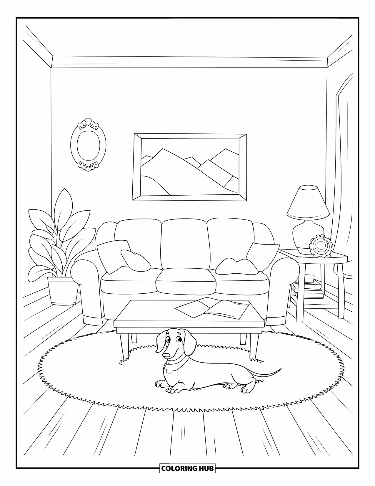 Dachshund Coloring Page for Kids: Dachshund rests in a cozy room with a sofa, rug, and plant